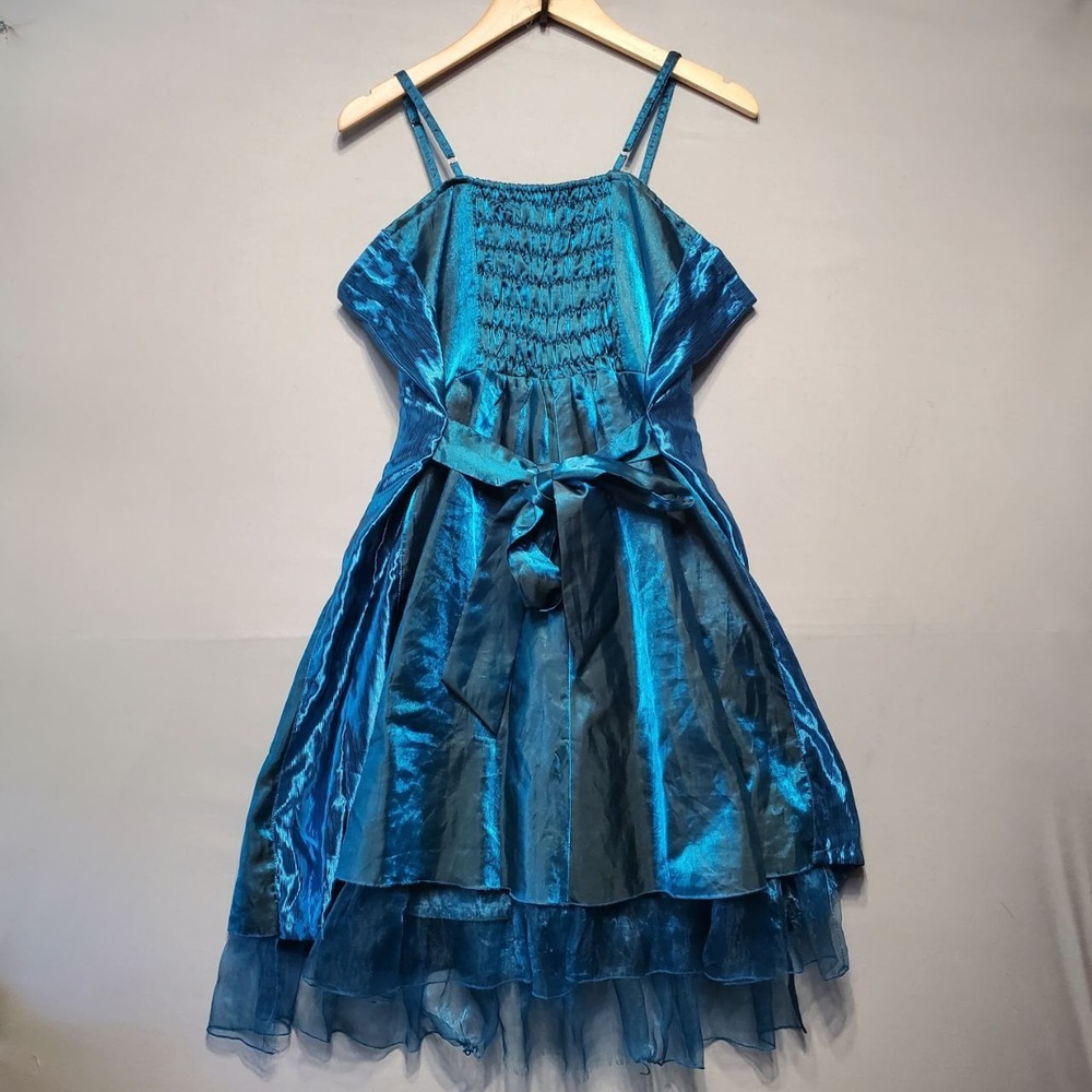 VTG Y2K Prom Dress Juniors Medium Iridescent Blue‎ Metallic Rosette Ruffle Fairy